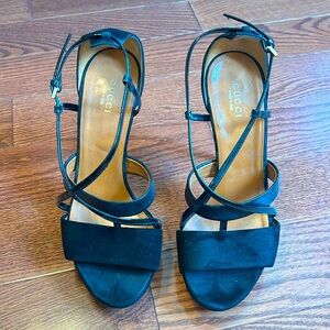 Gucci Black Suede Criss Cross Strappy Platform Sandal Pumps